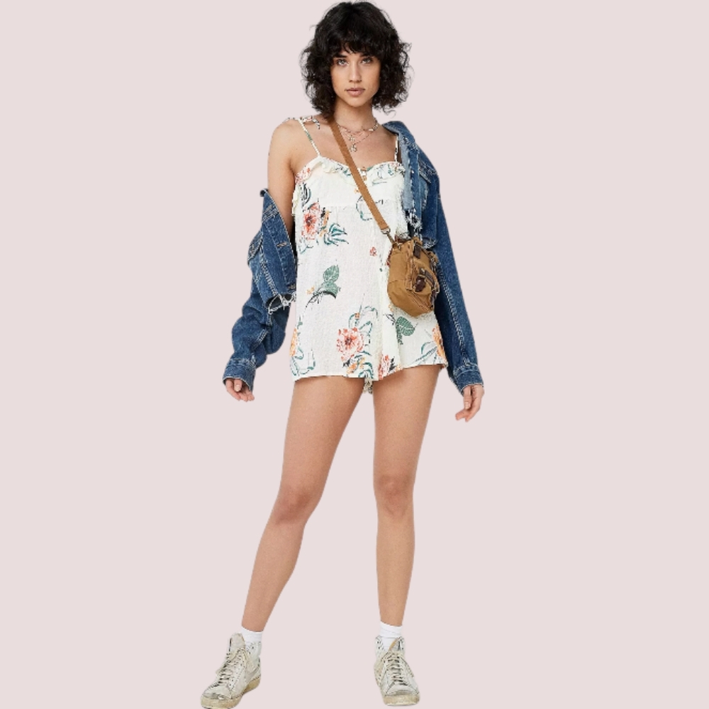 Urban Outfitters Highland Ruffle Tie-Shoulder Babydoll Playsuit Tropical Cream S